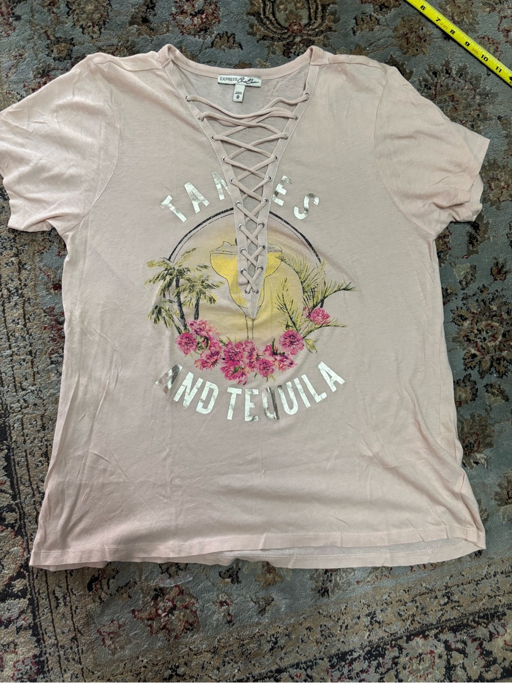 Express One Eleven Lace-Up Graphic Tee - Light Pink